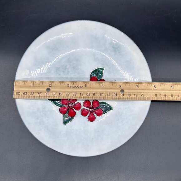 Vintage Bovano of Chester Enamel On Copper Plate Floral Dish White Red Flowers - Picture 6 of 6